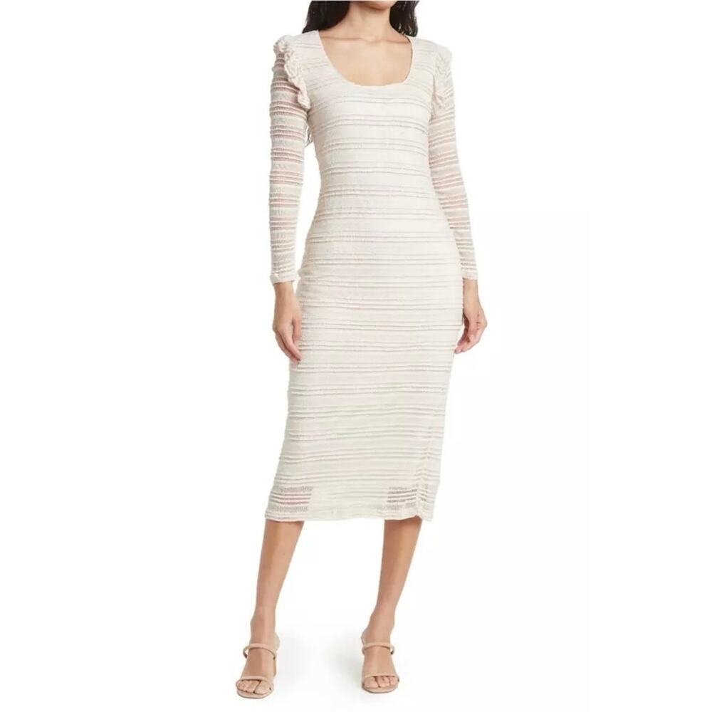 NWT dRA Los Angeles Open Knit Beige Crochet Ruffle Long Sleeve Midi Dress Sz S